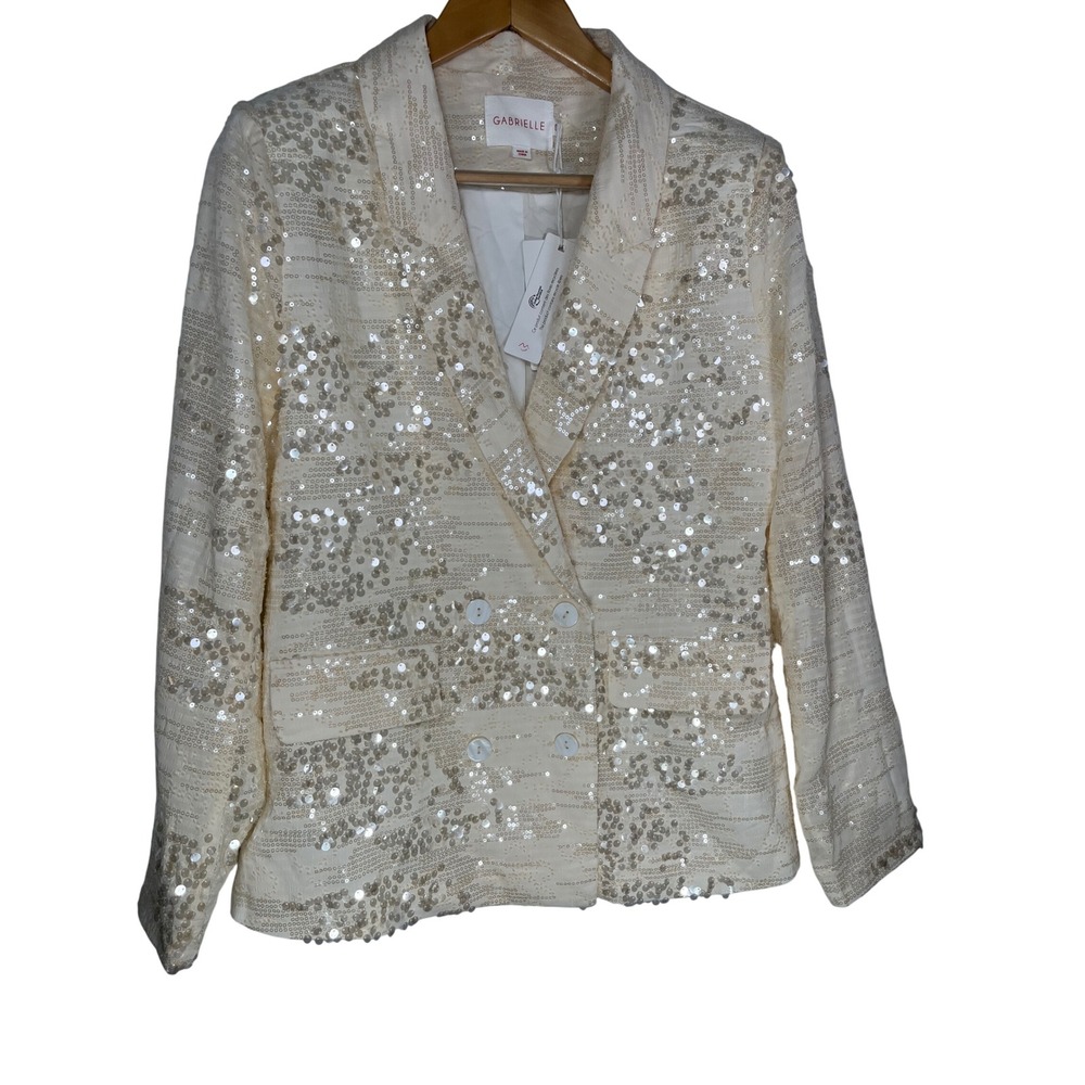 Gabrielle Blazer Double Breasted Small Cream Sequin Embellished NWT Disco Glam